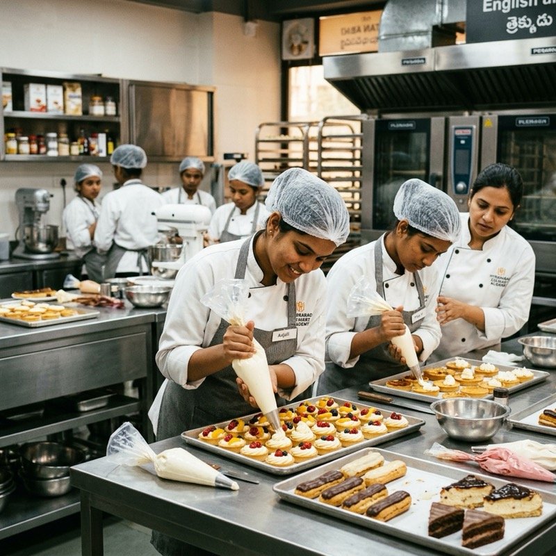 Students piping pastries in a professional kitchen