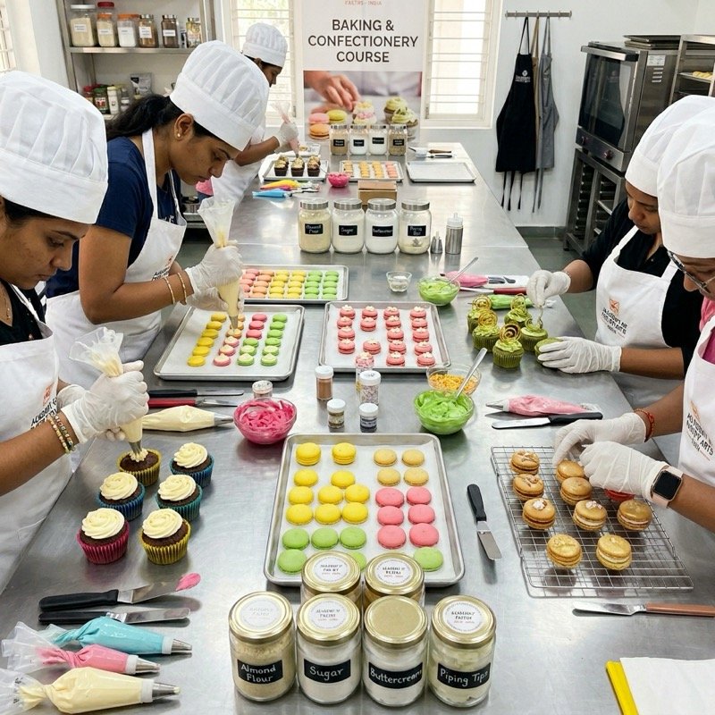 Students making macarons and cupcakes in baking class