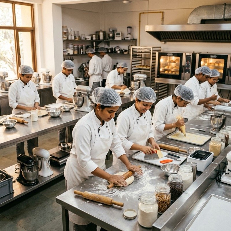 Students learning professional baking at Truffle Nation Pastry Academy Chennai campus