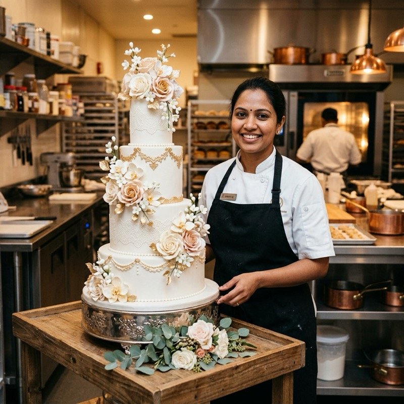 Truffle Nation graduate pastry chef presenting a multi-tier eggless wedding cake in Chennai