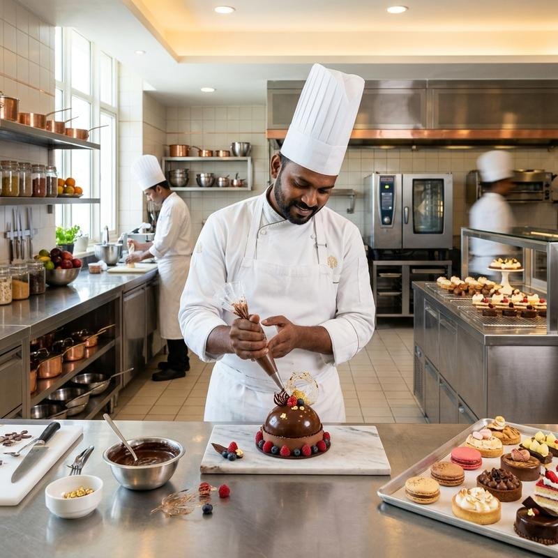 Professional hotel pastry kitchen showing plated desserts and high-end pastry production