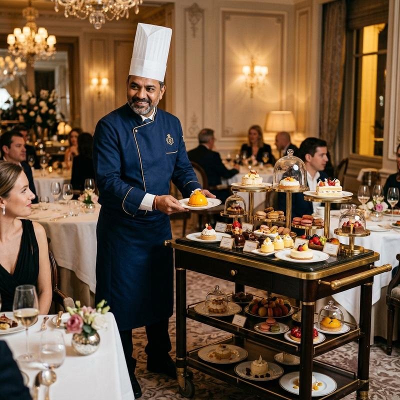 Professional pastry portfolio showing chocolate work, layered cakes, and laminated pastry