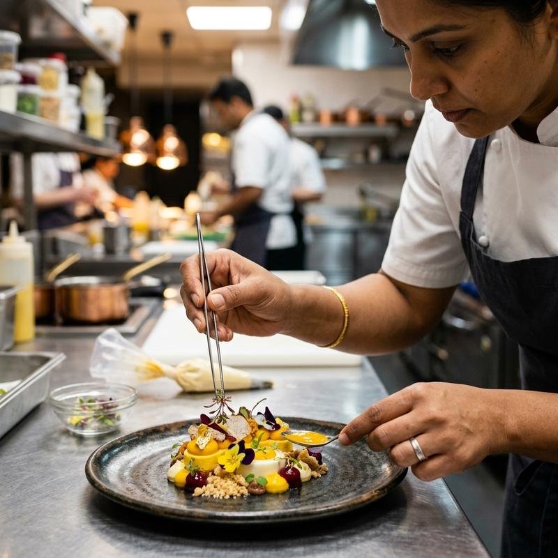 Pastry chef presenting finished dessert plates in a hotel kitchen setting