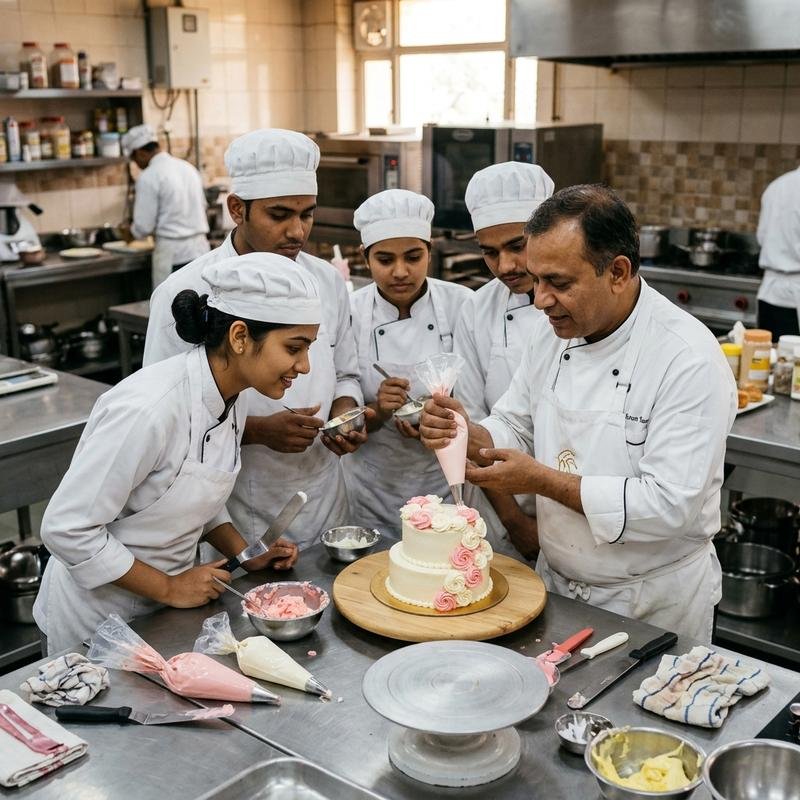 Truffle Nation students working on pastry and chocolate in Delhi campus professional kitchen