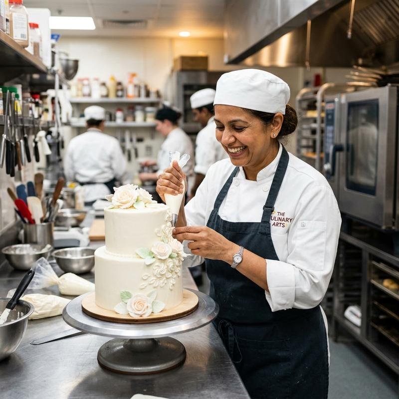 Pastry chef presenting a finished dessert at a professional training kitchen