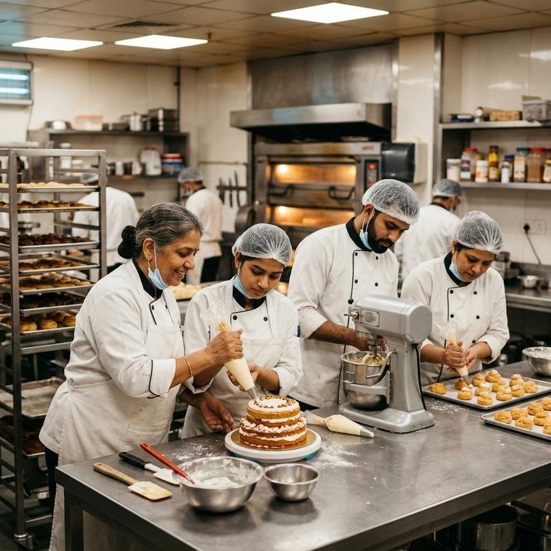 Professional baker at Truffle Nation learning large-batch production and corporate presentation techniques