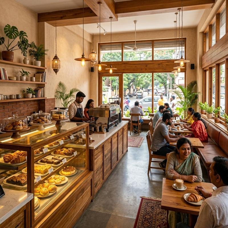 Interior of a successful bakery-café in India — warm lighting, pastry display, espresso setup
