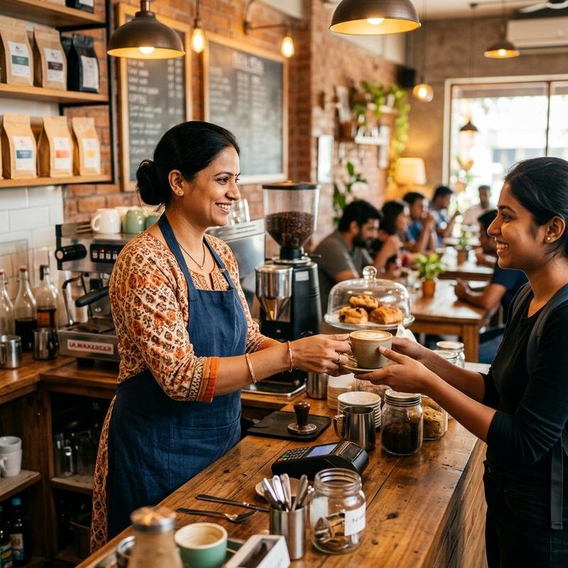 Café pastry display showing croissants, cakes, and artisan breads arranged professionally
