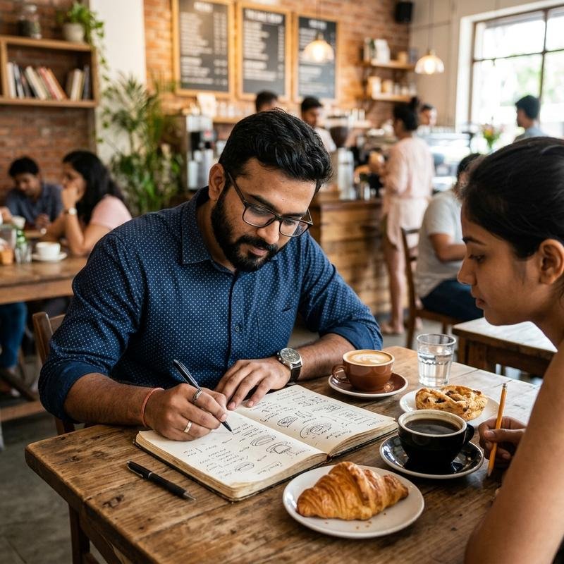 Café owner reviewing financials at their counter — coffee and pastry business planning