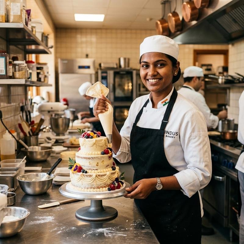 Young Indian woman baking professionally in a pastry kitchen, career decision
