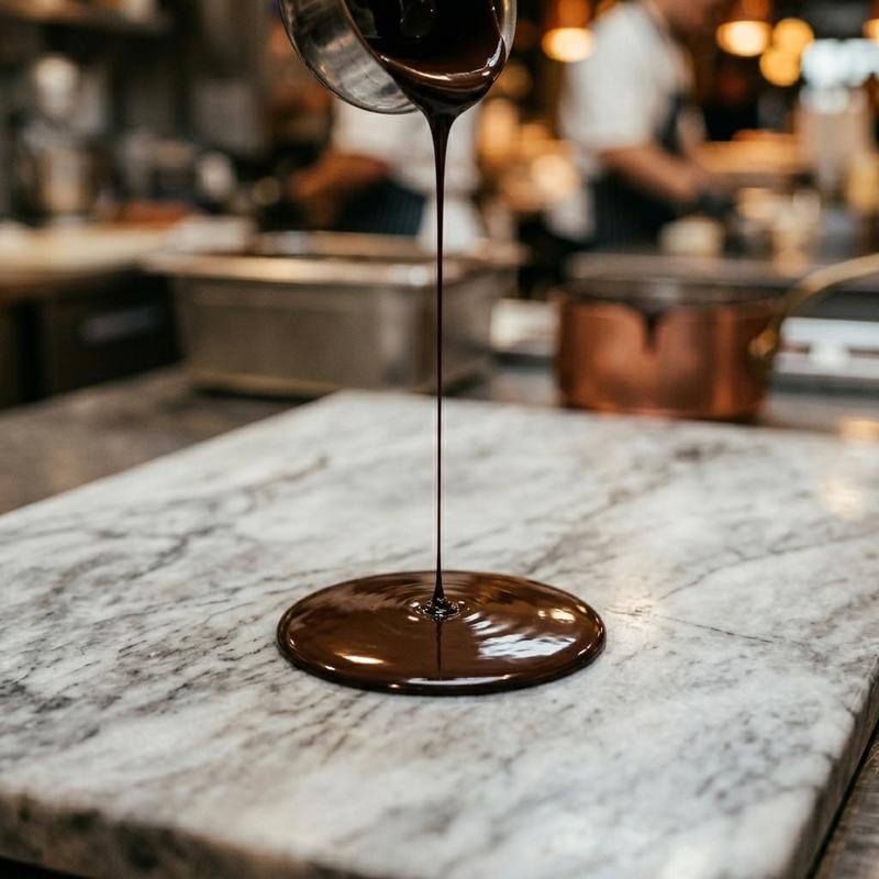Professional chocolate tempering on marble slab in a pastry kitchen — tabling method